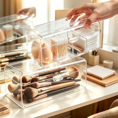 Organizador Maquillaje Transparente 2 Pcs 4 Divisiones y 1 Diáfano con Tapa | PC Transparente, Caja Cosméticos Apilable para Baño Tocador Cajones Almacenamiento, Polvos Sombras Ojos Lápiz Labial Cepillo