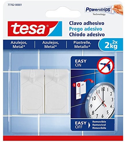 Tesa Chiodo Adesivo per Piastrelle e Metallo 2 kg - Gancio Adesivo Forte per Superfici Lisce in Bagno e in Cucina - Chiodo Biadesivo con Capacità di Peso fino a 2 kg