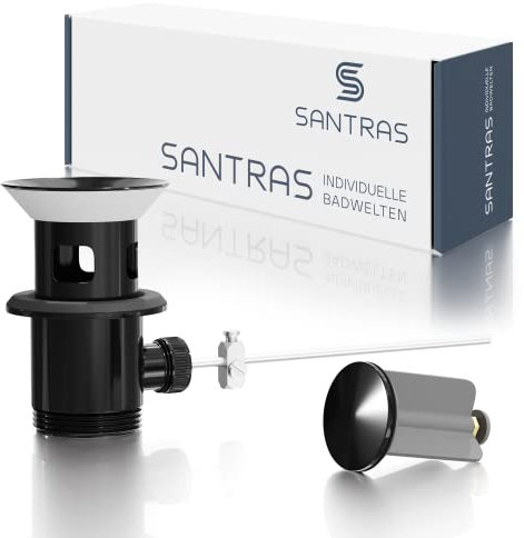 Santras® Exzenter Ablaufgarnitur Premium für Waschtisch mit Schutz vor Überlauf in Schwarz – Komplette Überlaufgarnitur mit Ablauf Stöpsel in 1 ¼ für Armatur mit Zugstangengarnitur