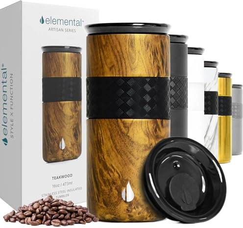 Elemental Artisan Insulated Tumbler - Triple Wall Coffee Travel Tumbler, Reusable Stainless Steel Coffee Tumbler with Ceramic Lid - Thermal Coffee Cup - Hot (6 Hrs) & Cold (18 Hrs) -Teak Wood- 470 ml
