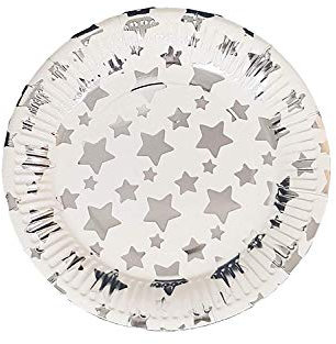Star- 12 Pieces Flat Paper Plates 23.5CM Silver Stars Sun_7953 USA Star And Throw Birthday Wedding Birth Baptism Parties Party