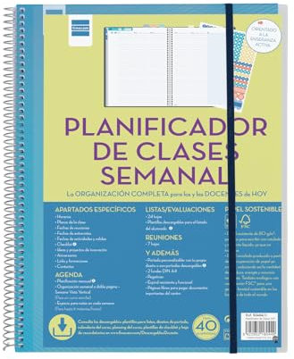 Finocam - Planificador de Clases Semanal | Organiza Hasta 8 Horas | Anualidad sin Fecha | con Pegatinas y 2 Fundas Transparentes | Espiral Metálica | Portada Personalizable, 230x310mm Grande | Español