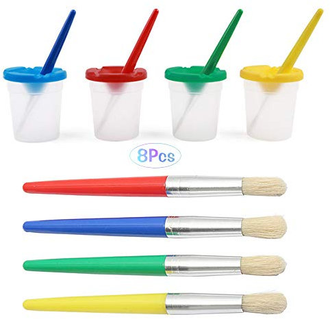 Kids Painting Set, 4 Piece Coloured Paint Brushes with 4 Spill Proof Paint Pots Art Sets for Children, Watercolor Oil Gouache Acrylic Painting Brush and Paint Pots for Toddler