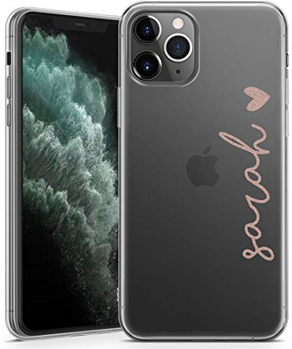 TULLUN Personalised Phone Case for iPhone 13 Pro Max - Clear Soft Gel Custom Cover Vertical Colour Name & Heart Individual Style Initials Name Text - Rose Gold Vertical Name & Heart