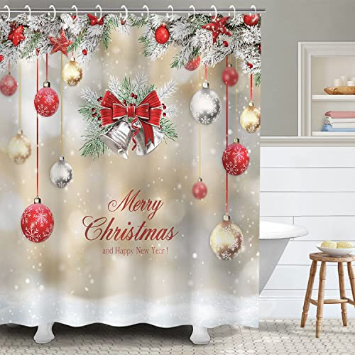 RosieLily Rideaux de douche de Noël pour salle de bain, rideaux de douche de Noël, ensemble de salle de bain de Noël, ensemble de salle de bain de Noël, ensemble de salle de bain, boules rouges et
