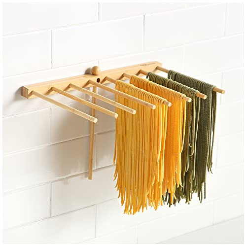 8SOM Wall Mounted Bamboo Pasta Drying Rack with Transfer Wand and 8 Bars, Easy to Transfer for Drying Pasta and Cooking, Easy Storage, Special Suspension Design for Large Storage