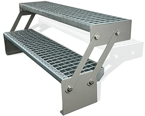 Kaminbau Mierzwa Premium Stahl Treppe Verstellbar Verzinkt & Silber Pulverbeschichtet 2 Stufen (Breite 140 cm) (Höhe 30-43 cm) Wetterfest Gitterroststufe Gartentreppe