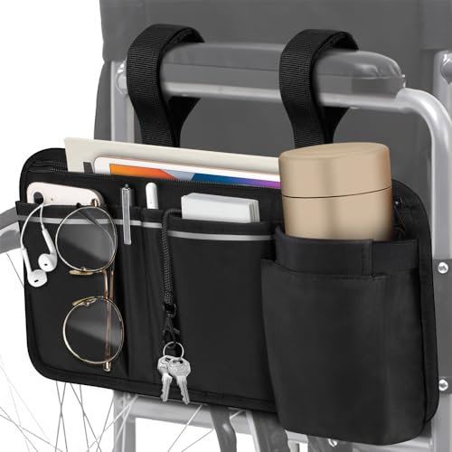 FINPAC Wheelchair Side Organizer Bag with Cup Holder, Wheelchair Armrest Accessories Pouch with Pen Slot and Reflective Strips for Power Wheelchairs, Walkers, Rollators, Adults, Seniors - Black