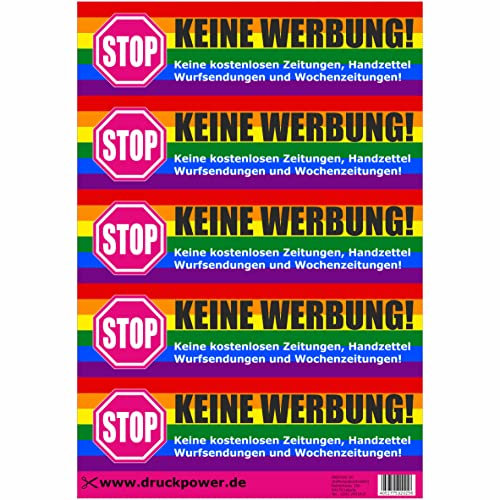 Briefkastenaufkleber - Achtung Stop Bitte Keine Werbung! 5 Aufkleber bunt Gay - 75mmx20mm - Keine kostenlosen Zeitungen, Handzettel, Wurfsendungen und Wochenzeitungen!