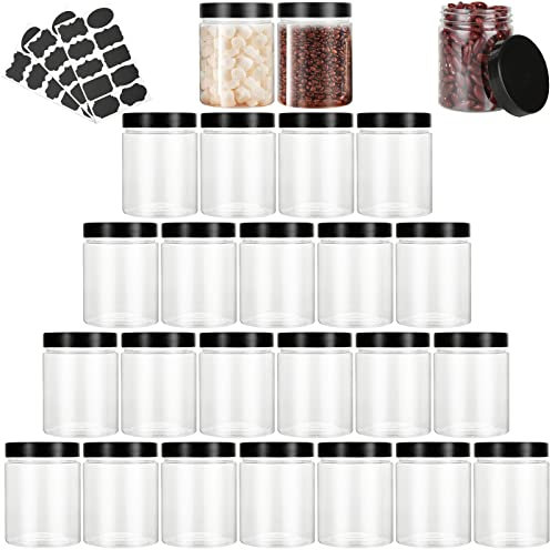 YAYODS 20 Pack Plastic Jars with Black Lids, 250ml Round Clear Plastic Containers, Spice Jars with Labels, Leak-Proof Plastic Jar for Kitchen, Food Storage, Dry Food, Spice & Liquids