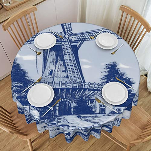Tischdecke Runde Tischdecken Nederland Süße Vintage Holländische Windmühle Delfter Blau für Rundtisch 60 Zoll