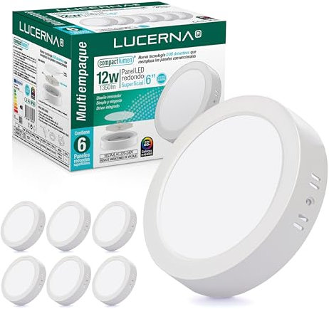 LUCERNA Downlight LED techo superficie 12W - Luz Blanco Frío 6500 K - 1350 LM - Plafon LED techo Redondo Superficial - Focos LED interior techo - Kit Instalación - Plafones para techo LED en PACK de 6