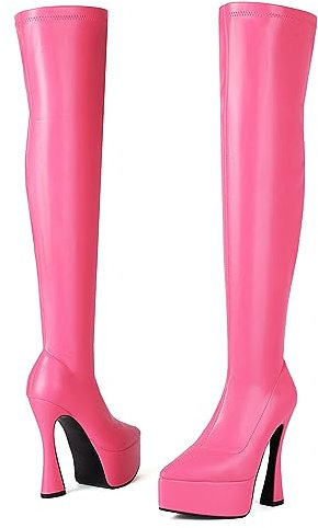 Roimaash Moda Platform OverStivali al Ginocchio Tacco Alto Zip Stivali Stretch Serata Pole Danza Stivali Lunghi Appuntito Disco Stivali Pink Plus Size 42