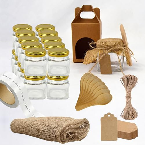 20x Pot en Verre Carré 80ml avec Couvercle + 20 Boîtes + 20 Cuillères en Bois + 20 Étiquettes Kraft + 20 Étiquettes Autocollants + Tissu et Ficelle de Jute - Épices, Confiture, Yaourt