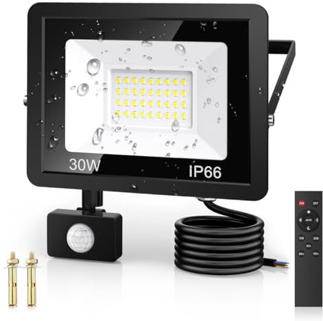 VIIIVA 30W Projecteur Exterieur Detecteur de Mouvement, 6500K Blanc Froid 36 Leds Super Lumineux Spot Avec Télécommande, 2700 LM IP66 Etanche Eclairage Exterieur pour Jardin, Patio, Garage