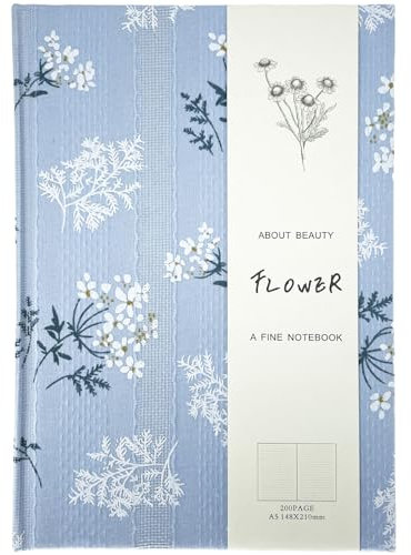 ipoul Floral Hardcover Journal for Writing, Lined Notebook for women, A5, 200 Pages, 6x8 Medium Size Notebook, Floret Printed Fabric Linen Personal Journal, Lay Flat Notebook, Reading Journal, Blue.