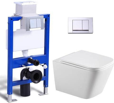 Hänge WC Toiletten Vorwandelement WC Set Komplett, Toilette mit Unterputz Spülkasten, WC Drückerplatte Betätigungsplatte, Wand WC mit Soft-Close Absenkautomatik UF Deckel, Kloschüssel für Gäste wc