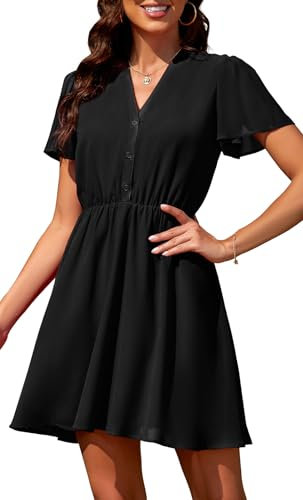 Actcat Damen Kleid V Ausschnitt Chiffon Kleider Transparent Kurzarm Blumenmuster Freizeitkleider etuikleid Damen Sommerkleid Damen Kleid festlich Damen minikleid schwarzes Kleid Damen Strickkleider,M
