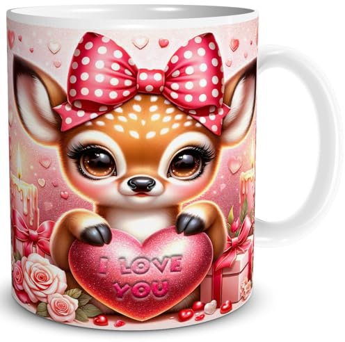 TRIOSK Tasse Valentinstag Reh mit Herz I Love You Spruch Ich liebe Dich Geschenk Tierliebe für Sie Frauen Freundin Rehliebhaber, Keramik 300ml