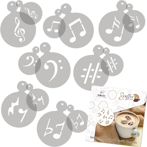 NAKLEO Kaffee Schablonen und Kekse Dekoration 14 Stück 7x7 und 11x11cm, Wiederverwendbare Plastik Backen Vorlage, Noten Musik Melodie, DIY Kunst, Cappuccino Latte Schokolade Torten Kuchen