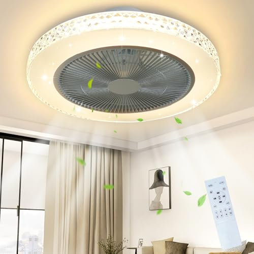 Homefire Deckenventilator Mit Beleuchtung und Fernbedienung Leise - 48.5CM LED Deckenlampe Dimmbar Ventilator Timing Deckenleuchte Kristall Wohnzimmer Fan Sommer-/Winter für Schlafzimmer Esszimmer