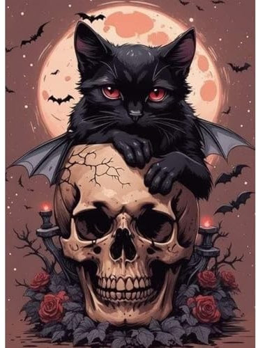 QENSPE Diamond Painting Halloween 5D Diamant Komplett, Schwarzer Katzen Diamant Painting Set für Erwachsene, Schädel Diamond Art Malerei DIY Diamant Kunst Handwerk für Anfänger Wand Dekor 30x40 cm