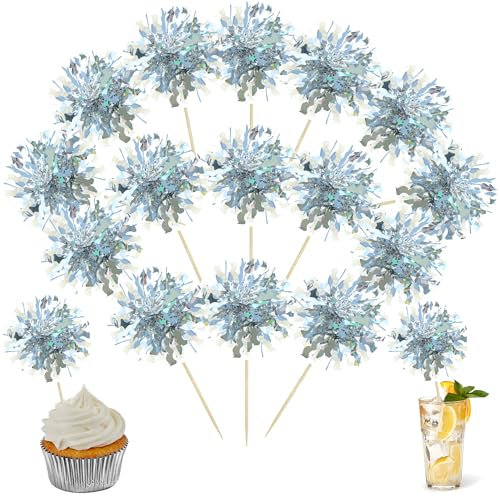 Ephlyn 30Pcs Foil Firework Cupcake Toppers Happy Birthday Cake Toppers Tinsel Flower Drink Stirrers Cocktail Food Fruit Toothpicks for Valentine's Day Party Decorations Silver