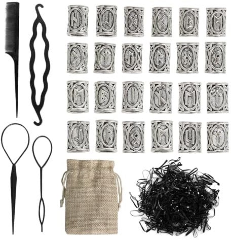 24 Stück Bartperlen set Wikinger, Wikinger Rune Perlen Bartschmuck mit 400 Gummibänder Schwarze Haarverlängerung Nadel, Wikinger Bart Perlen Nordische Haarschmuck für Schmuck DIY Anhänger Halskette