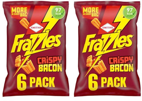 Smiths Frazzles Bacon Multipack Crisps (6 x 20g) X 2 Pack, Crispy Bacon Flavour Corn Snack, Baked, not fried, No artificial preservatives, Suitable for vegetarians, 97 kcal per pack
