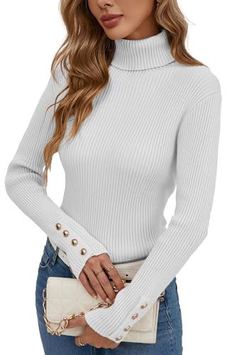 Famulily Rib Knitted White Turtleneck Jumper for Women, Elegant High Neck Winter Sweater Long Sleeve Pullover Tops (L, White)