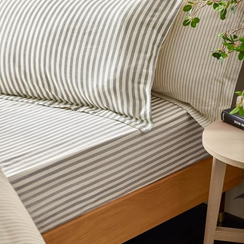 Yard Hebden Midi Stripe Fitted Sheet (Grey, Single) | 100% cotton fitted sheet with a soft striped design and breathable comfort