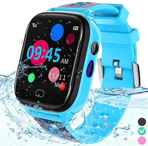 FRLONE Kinder-Smartwatch Telefon – IP67 Smartwatch Jungen Mädchen mit Touchscreen 5 Spiele Kamera Alarm SOS Anruf Digital Armbanduhr für 3-13 Jahre Kinder Geburtstagsgeschenk (Blau)