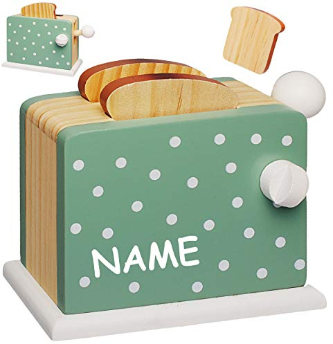 alles-meine.de GmbH Spielzeug Toaster mit 2 Toastscheiben - aus Holz - inkl. Name - beweglich & wirklich funktionierend - Pop up - Spiel Küche - Zubehör Deko - Kinderküche - Weiß..