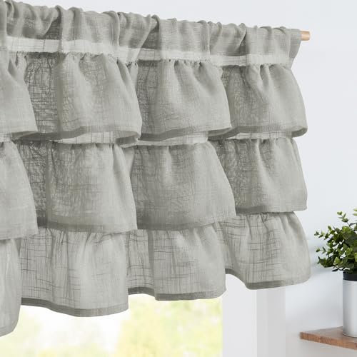 TOPICK Küche Scheibengardinen mit Rüschen Grau Leinen Bistrogardine für Klein Fenster Kurzstore Gerüschte Küchengardinen Landhausstil Halbtransparente Vorhänge Kurz Bauernhaus 125Bx45H (cm)