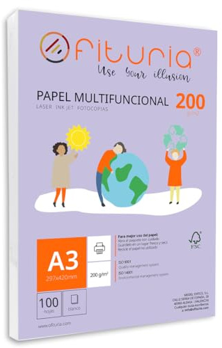 Paquete de folios A3 de 200gr con 100 Hojas Blancas, Papel Multifuncional para Uso Escolar y Entornos Laborales. Ideal con impresoras láser, de inyección o fotocopiadoras - Ofituria