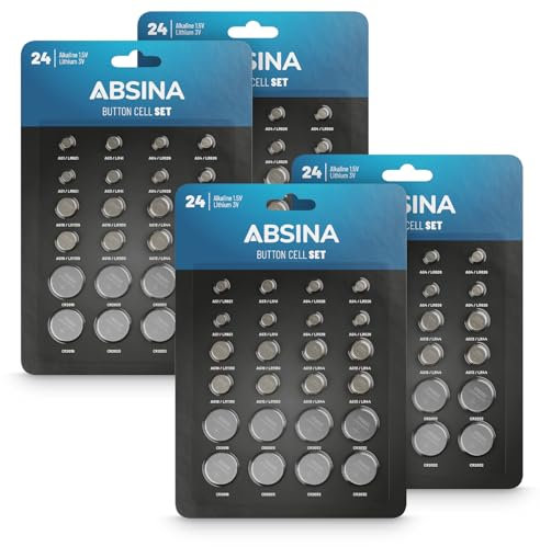 ABSINA 96er Pack Alkaline & Lithium Knopfzellen - 8X AG1 / 8X AG3 / 16x AG4 / 16x AG10 / 16x AG13 / 8X CR2016 / 8X CR2025 / 16x CR2032-1,5V & 3V Knopfzelle Sortiment auslaufsicher - Knopfbatterien