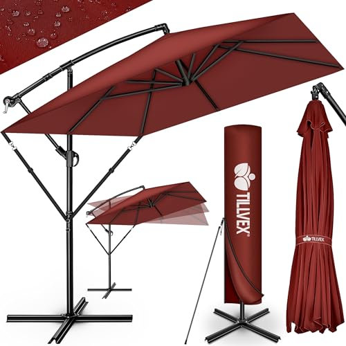 tillvex® Parasol déporté Rectangulaire Ø330cm + Housse de Protection & contre le vent | Parasol à manivelle carré + support | pour le jardin Extérieur en aluminium
