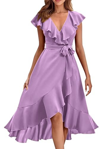 Abito da donna in chiffon lungo, abito estivo da spiaggia, linea ad A, con scollo a V, in chiffon, estivo, con volant, leggero, tinta unita, per il tempo libero con cintura, Lilla, L