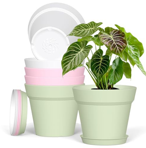 Plastic Plant Pots Indoor Outdoor, 6 Pack 7Inch/17.7CM Plant Pots Flower Pot with Drainage Holes and Tray,Modern Decorative Planter Pot for All House Plants(Colorful)