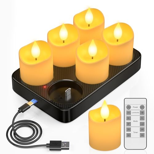 PChero 6er Teelichter LED Aufladbar mit USB-C Ladestation & Fernbedienung | LED Teelichter Wiederaufladbar Elektrische Kerzen Flackernd mit Timerfunktion, Dimmbar, 2 Std. Ladezeit, 60-160 Std. Laufzeit