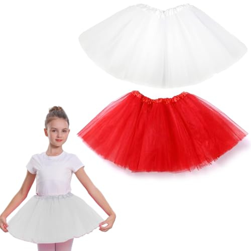 KUMSODE 2 Pièces Filles Superposées Jupe Tutu, Jupe Tulle Fille, Tutu Enfant, Tutu Fille, Princesse Robe de Danse de Ballet, Jupes Tutu pour Filles Tulle Ballet Danse Jupes (Rouge, Blanc)