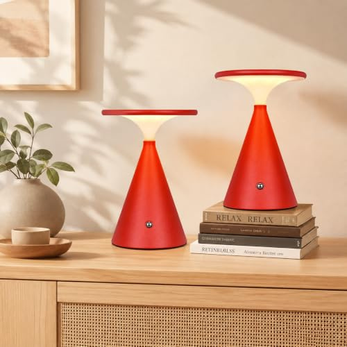 Tischlampe Kabellose LED, 4000mAh Dimmbare Akku Tischleuchte, Outdoor/Indoor Touch Lampe, 3 Farb Unbegrenztes Dimmen Stylische Tischlampe, Lampe Akku für Innen & Außenbereich (Rot, 2er Pack)