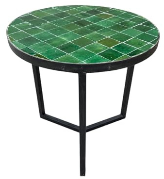 ARTIGIANATO VULCANO Marokkanischer Beistelltisch aus Zellige, grün, Mosaikfliesen, handgefertigtes Mosaik, Basis aus schwarzem Eisen, für Garten, Terrasse, Innenbereich, 45 x 45 cm