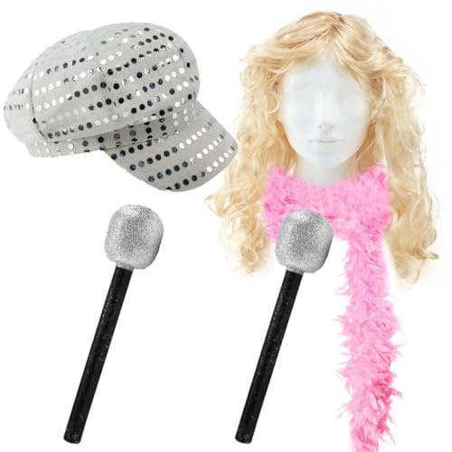 High School Singing Siblings - Blonde Wig, Pink Feather Boa, Sequin Style Hats and Glitter Microphone Props - Movie Musical 00's 2000's Teen Film Fancy Dress Costume