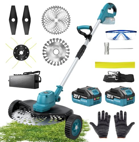 Desbrozadora Bateria 4 en 1 con Batería, Motor sin Escobillas, Desbrozadora con Ruedas y Batería, Incluye 4 Tipos de Cuchillas y 2 Baterías de 4,0 Ah, Longitud Ajustable, para Trabajos de Jardinería