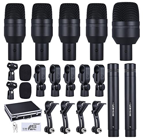 RASTKY DMS-D7 Wired Microphone Set Drum Mic Kit with Big Bass Drum Mic 4 Small Tom-Tom Mics 2 Condenser Cymbal Mics Stage Performance Accessories