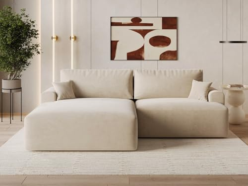 GRAINGOLD Serene L Ecksofa modern mit Bettfunktion, 259x145 cm, L-Form Sofa, Schlafcouch für Wohnzimmer, Velvet-Stoff, 3-Sitzer Eckcouch, Ecksofa mit Bettkasten (Beige, Links)