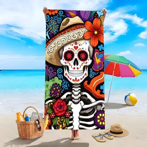 YZQGLHP Strandtuch Totenkopf 90x180cm Rose Mikrofaser Strandhandtuch, Leichtes Schnelltrocknendes, Sandfrei Handtuch/Stranddecke für Reisen, Yoga, Pool, Bad
