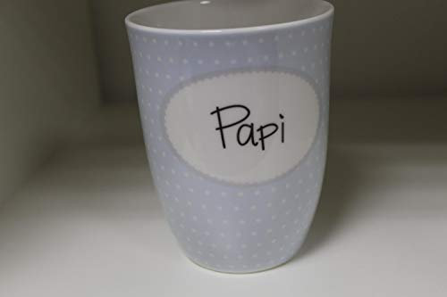 MEA LIVING Henkelbecher 500 ml Spruch PAPI Kaffee Tasse Becher weiss blau Punkte