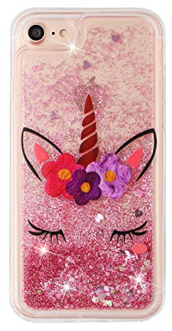 CUAgain Compatible with iPhone 8/iPhone 7/iPhone SE 2020 Case Clear Silicone 3D Glitter Sparkle iPhone 8 Cover Liquid Transparent Bumper Shockproof for Girls Boys Women Men,Pink unicorn